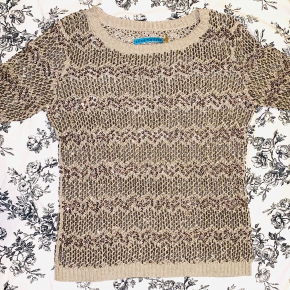 ALICE + OLIVIA Taupe Brenna Beaded Crochet Sweater - Picture 6 of 13